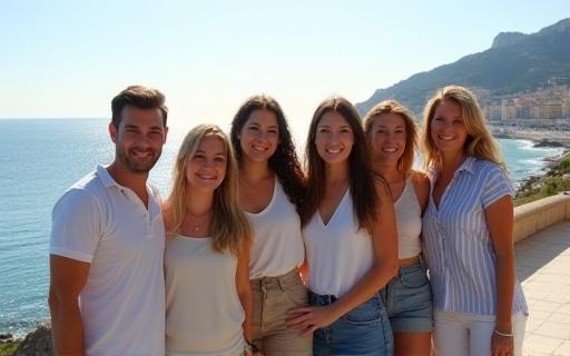 Het lachende team van Echappées Belles Voyages voor de Baie des Anges in Nice