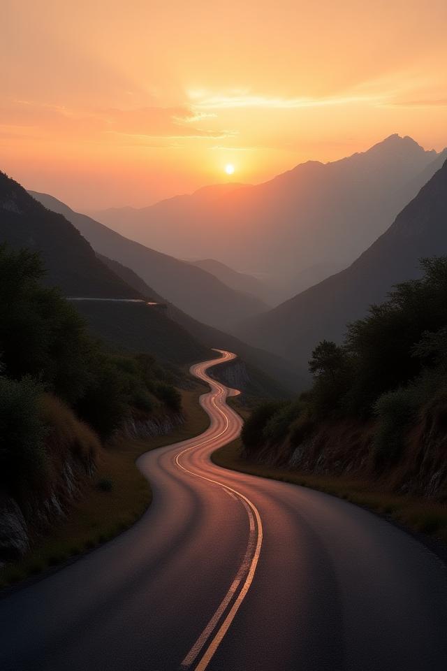 Vertical view of a scenic road in France at sunset with mountains in the distance
