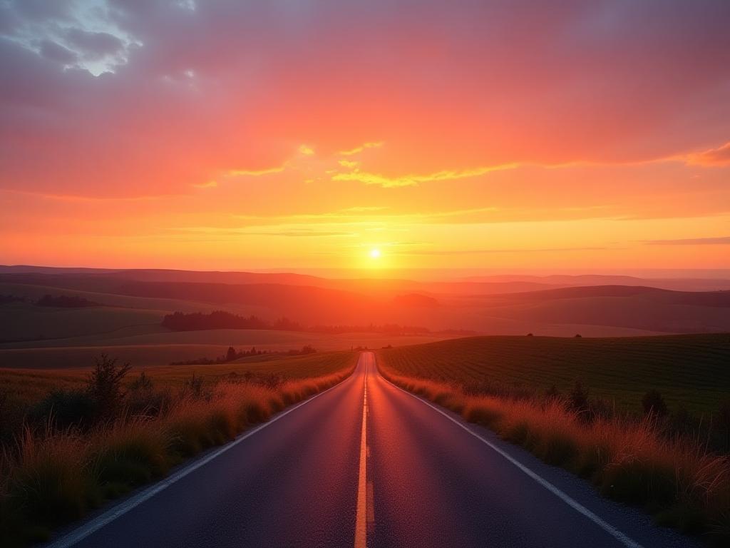 Scenic road winding through the French countryside at sunset